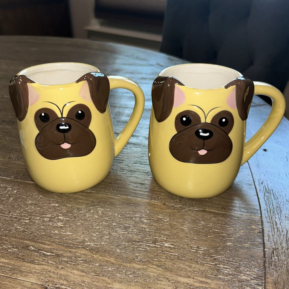 Set of 2 Pug Mug 3D Puppy Dog Coffee Mug Tea Cup Dog Lover Tag Yellow Brown